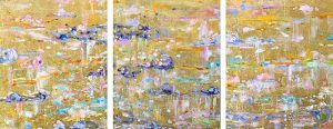 Contemporary Abstract Triptych Acrylic Paintings in Gold Blue and Pink