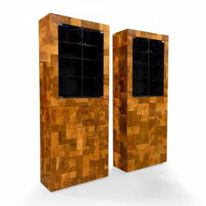Pair of Paul Evans Mid-Century Burl Wood Patchwork Cabinets