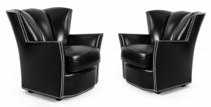 Contemporary Black Leather Studded Club Chairs