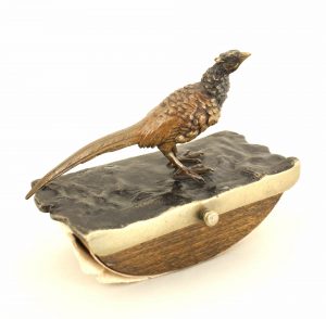 2-Piece French Victorian Bronze Pheasant Inkwell