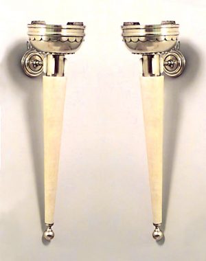 Pair of French Art Deco Parchment and Brass Torch Wall Sconces